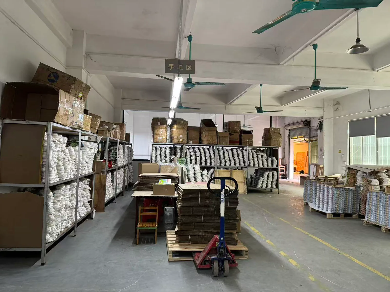 Materials and work in progress organized in the handwork area